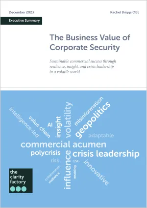 White paper cover with title "The Business Value of Corporate Security" and word cloud on blue background