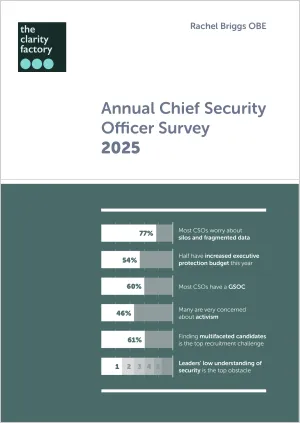 Annual Chief Security Officer Survey 2025 report cover with teal and white bar chart design