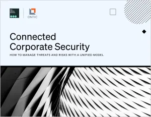 Abstract black and white striped architectural pattern with "Connected Corporate Security" text overlay