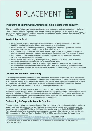 Document titled "PLACEMENT" explaining the future of cyber-outsourcing and corporate security on light blue paper