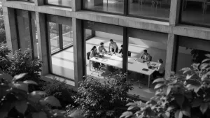 people working in a secure corporate building