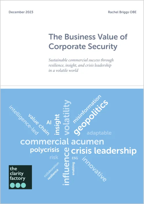 White cover with title "The Business Value of Corporate Security" and blue section with word cloud including "crisis leadership" and "corporate reputation"