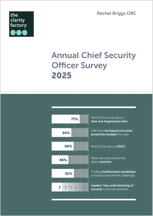Annual Chief Security Officer Survey 2025 report cover with teal and white bar chart design