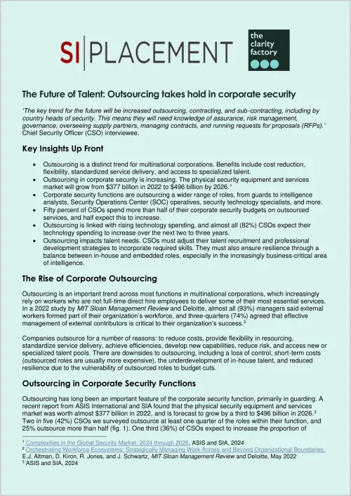 Document titled "PLACEMENT" explaining the future of cyber-outsourcing and corporate security on light blue paper